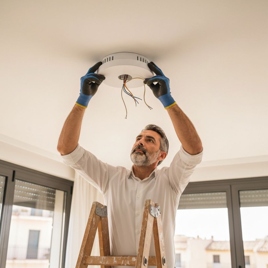 Instalacion de lampara de techo en salon de apartamento en Madrid